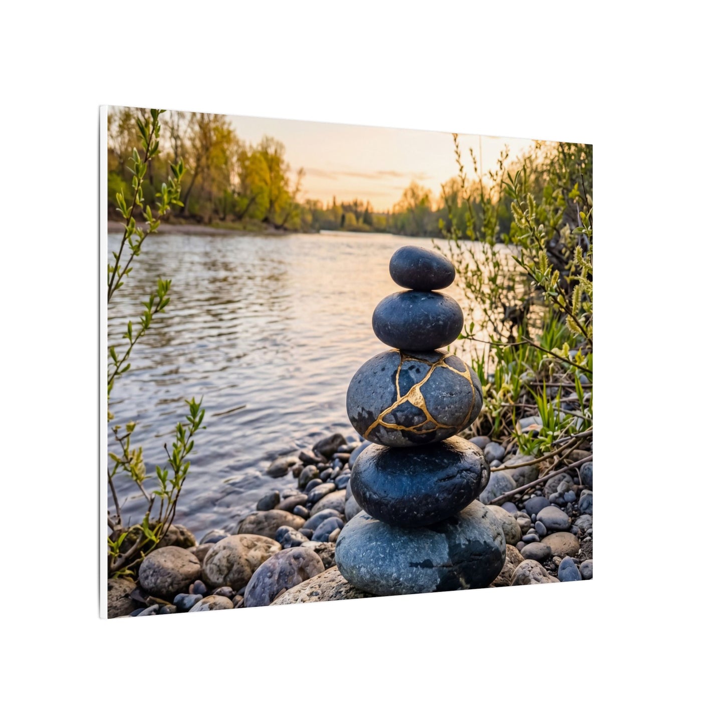 Kintsugi River Stones in Golden Hour | Gold Vein Canvas Art