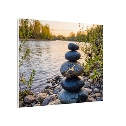 Kintsugi River Stones in Golden Hour | Gold Vein Canvas Art