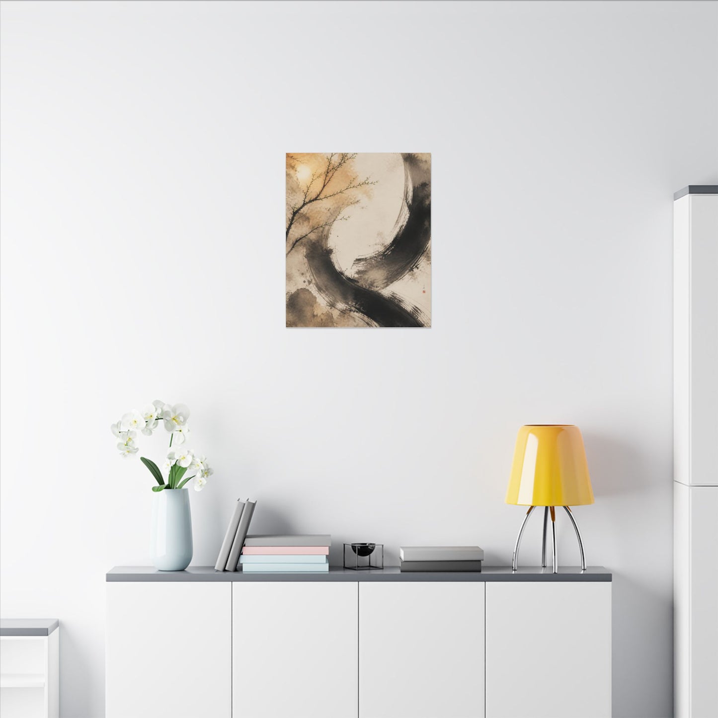 Japandi Ink Brushstroke in Golden Hour | Watercolor Canvas Art