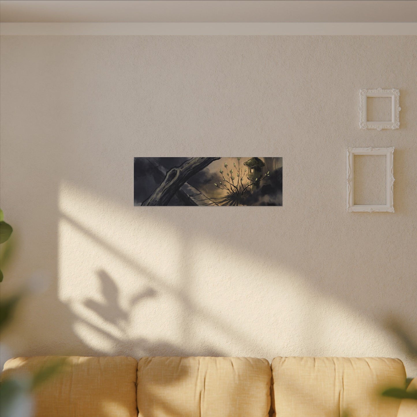 Dark Japandi Moonlit Garden in Golden Hour | Charcoal Ink Canvas Art