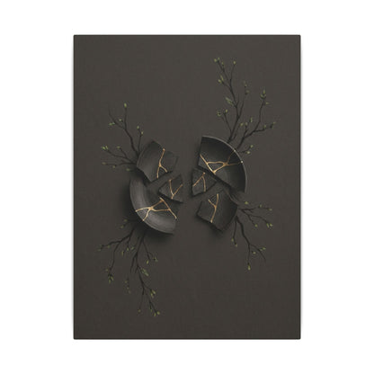 Sophisticated Broken Pottery Canvas Art - Charcoal Ink Dark Japandi