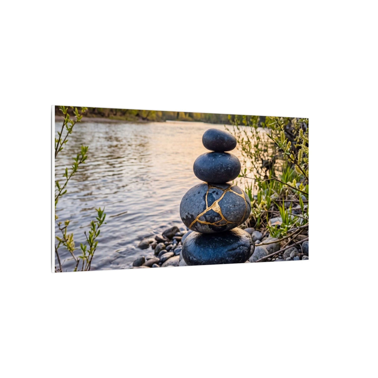 Kintsugi River Stones in Golden Hour | Gold Vein Canvas Art