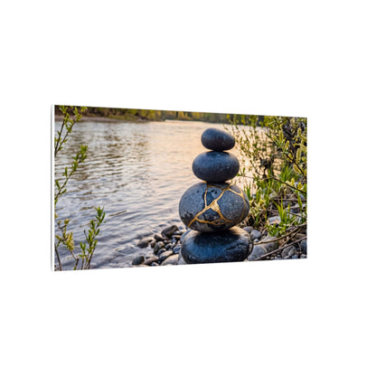 Kintsugi River Stones in Golden Hour | Gold Vein Canvas Art
