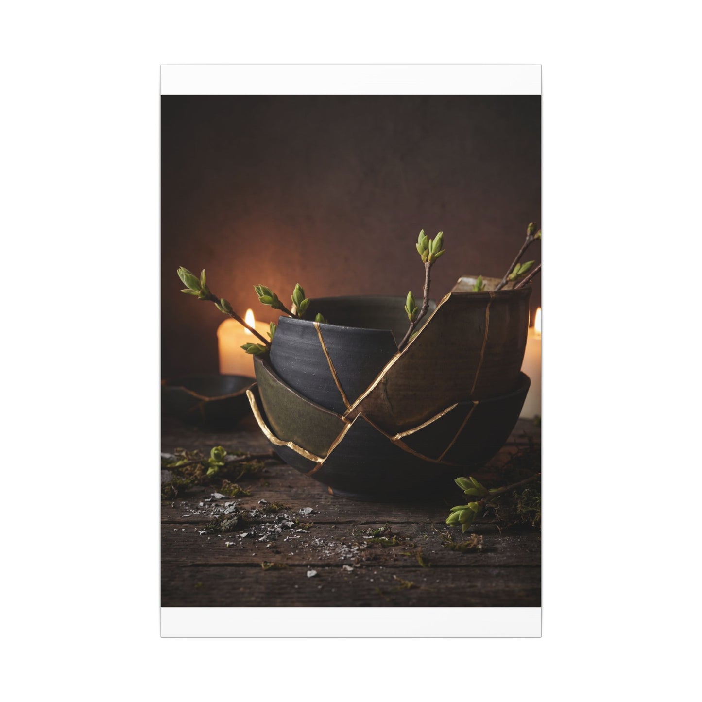 Broken Pottery Spring Canvas Art | Dark Japandi Luxurious Design