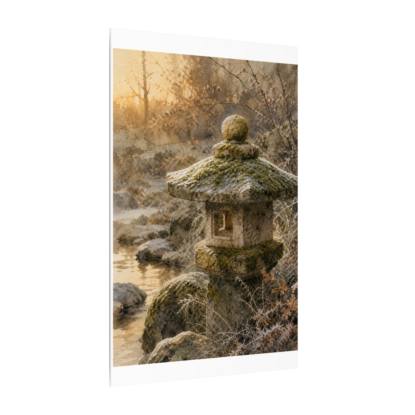 Winter Stone Lantern Watercolor Canvas Art | Earthy Decor