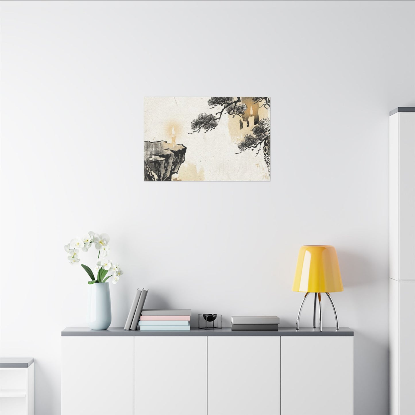 Japandi Pine Tree in Candlelight | Japanese Pattern Canvas Art