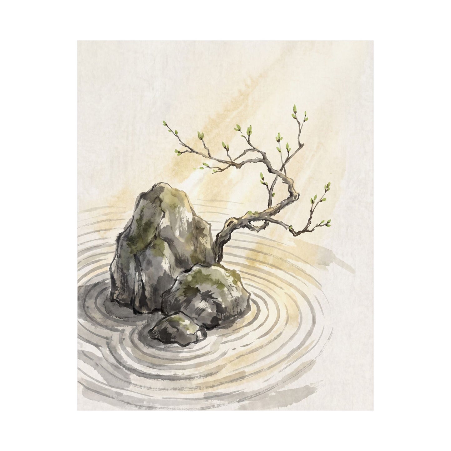 Zen Rock Garden in Golden Hour | Sumi E Wall Art Print