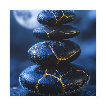 River Stones Canvas Art | Winter Kintsugi Gold Repair Art