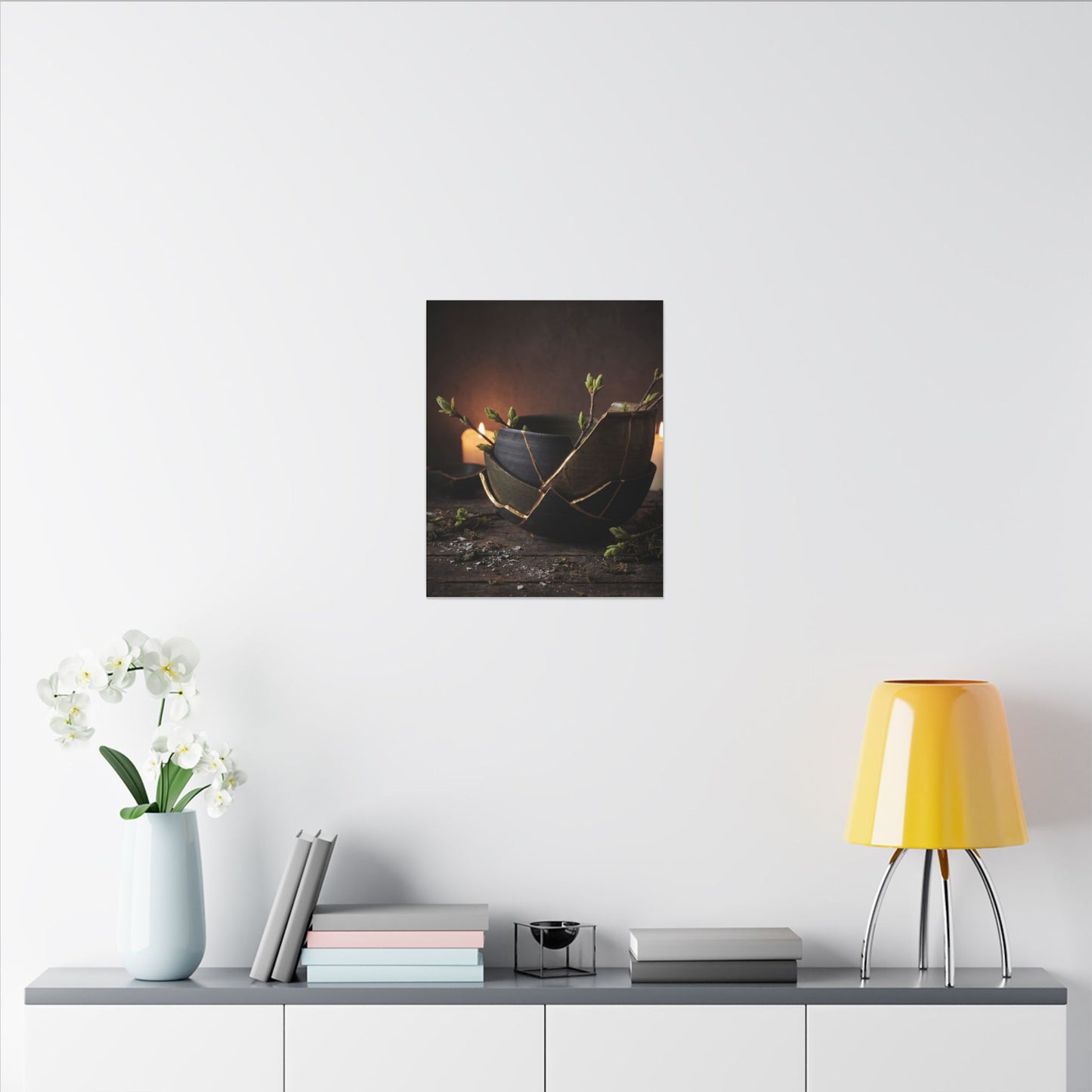 Broken Pottery Spring Canvas Art | Dark Japandi Luxurious Design