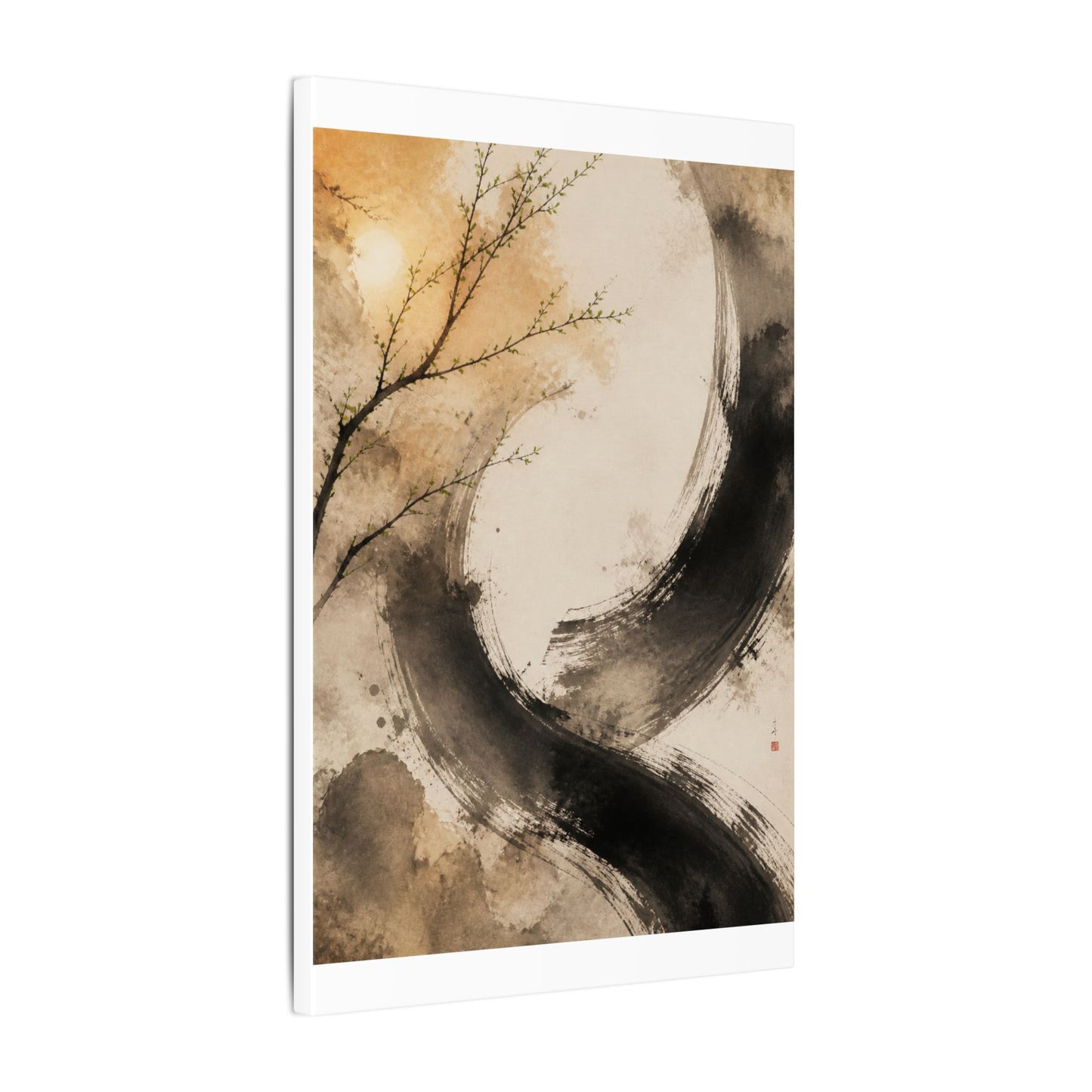 Japandi Ink Brushstroke in Golden Hour | Watercolor Canvas Art