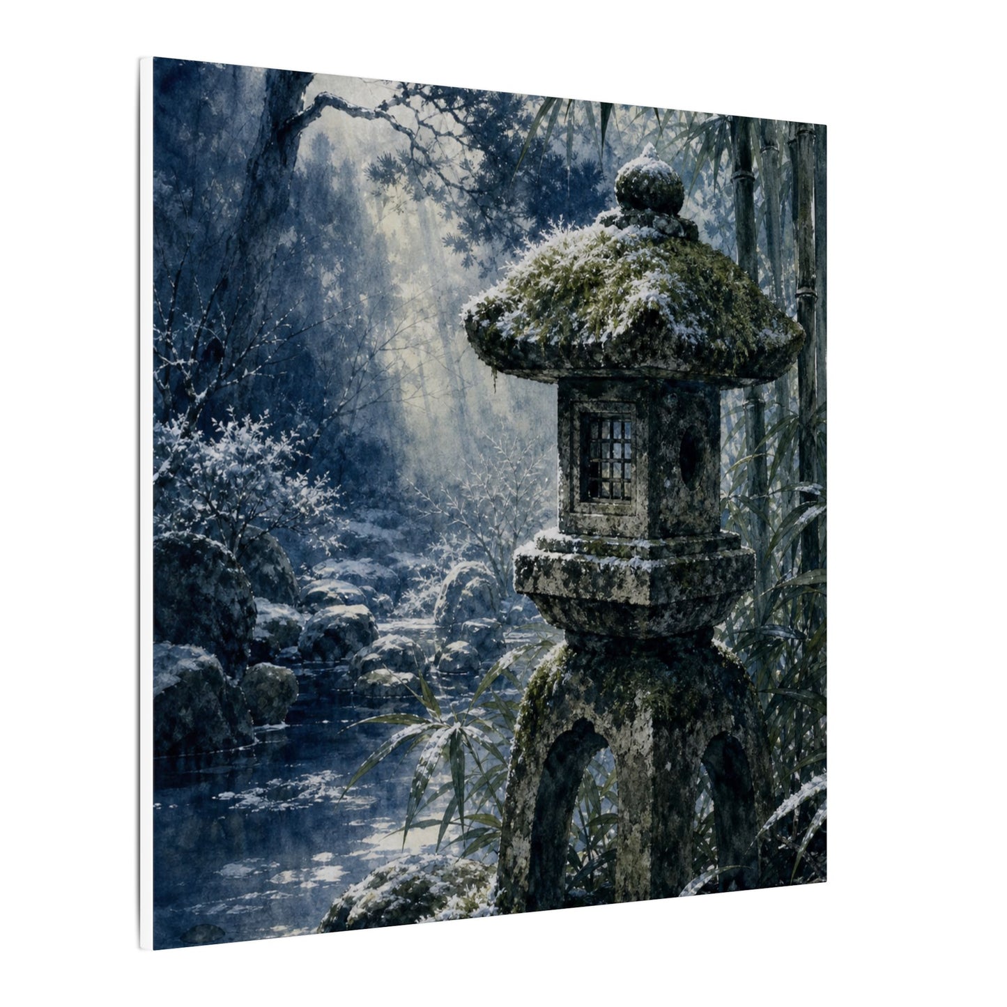 Zen Stone Lantern in Dappled | Sumi E Canvas Art