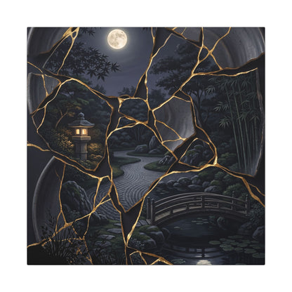 Kintsugi Moonlit Garden in Golden Hour | Gold Repair Canvas Art