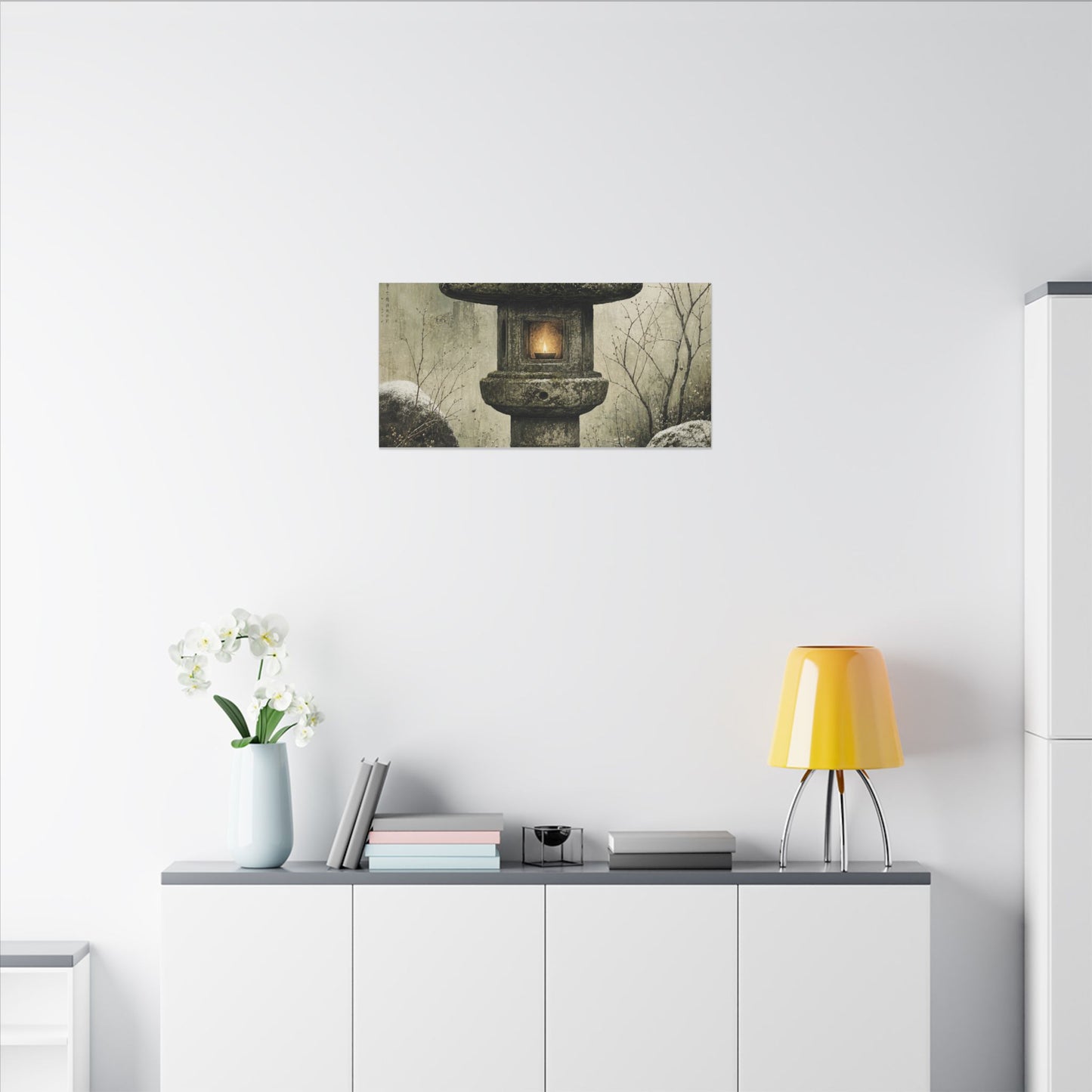 Stone Lantern Winter Canvas Art | Japandi Neutral Design