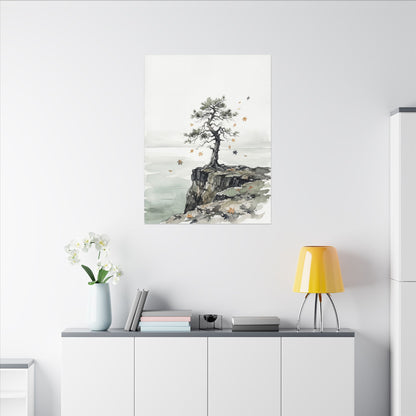 Japandi Pine Tree in Overcast | Watercolor Canvas Art