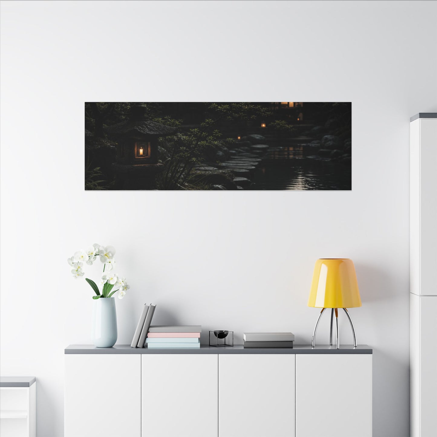 Moonlit Garden Shadow Zen Canvas Art | Sophisticated Dark Japandi Art