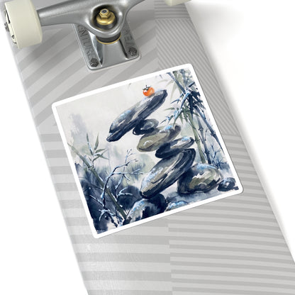 Zen River Stones in Moonlight | Sumi E Sticker Art Print