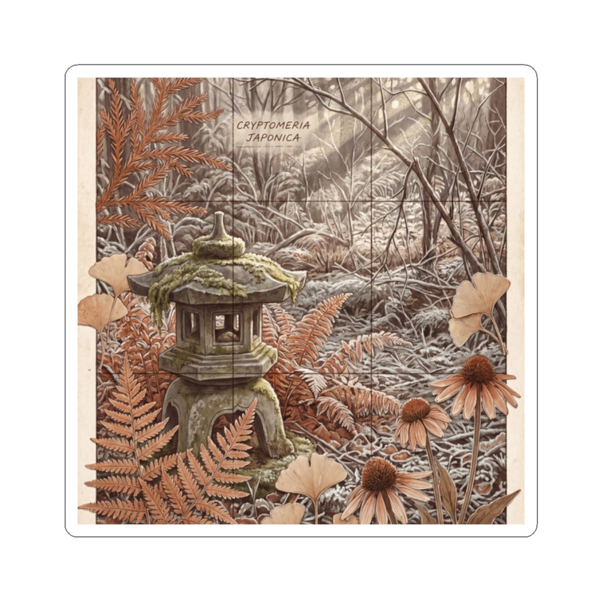 Winter Stone Lantern Herbarium Sticker | Rustic Decor Art Print