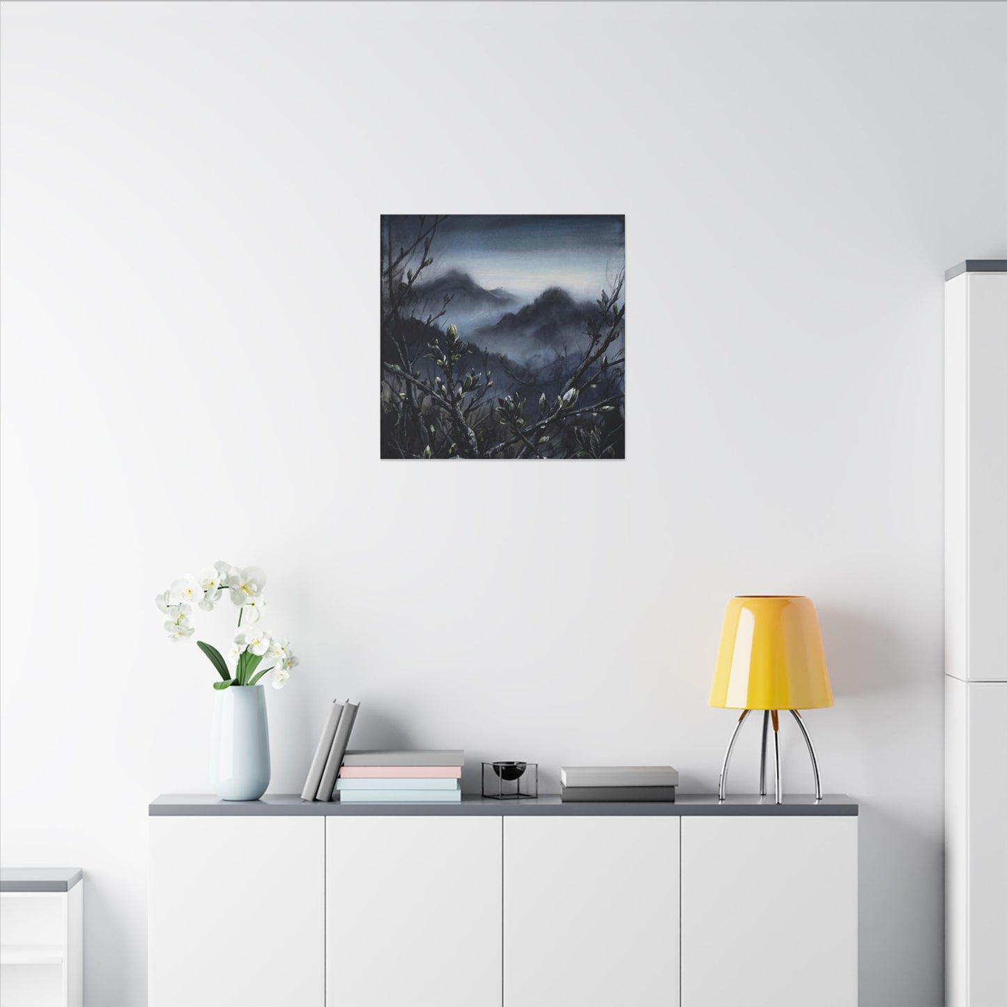 Mountain Mist Spring Canvas Art | Dark Japandi Atmospheric Design