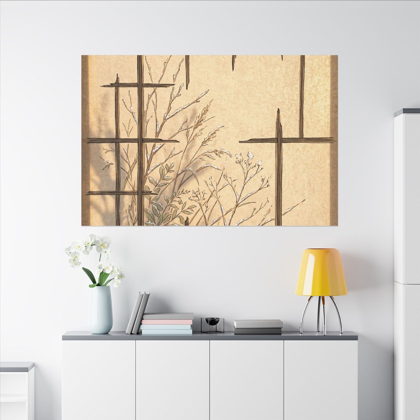 Shoji Screen Canvas Art | Winter Japandi Minimal Line Art