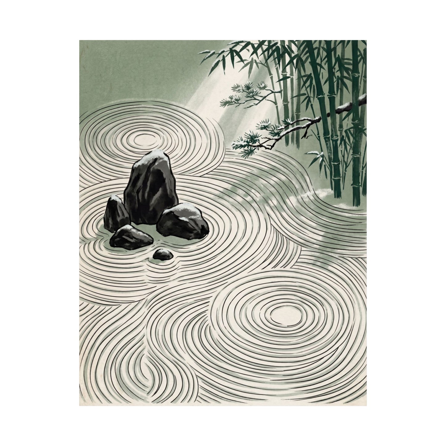 Winter Rock Garden Ukiyo E Inspired Wall Art Print | Calm Decor