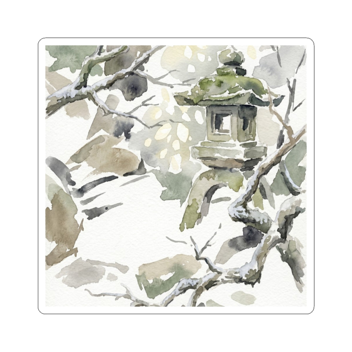 Earthy Stone Lantern Sticker - Watercolor Japandi Art Print
