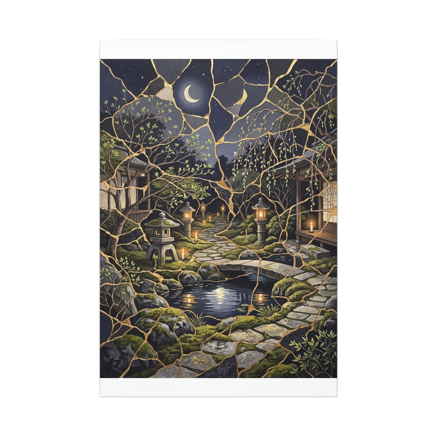 Kintsugi Moonlit Garden in Candlelight | Gold Vein Canvas Art