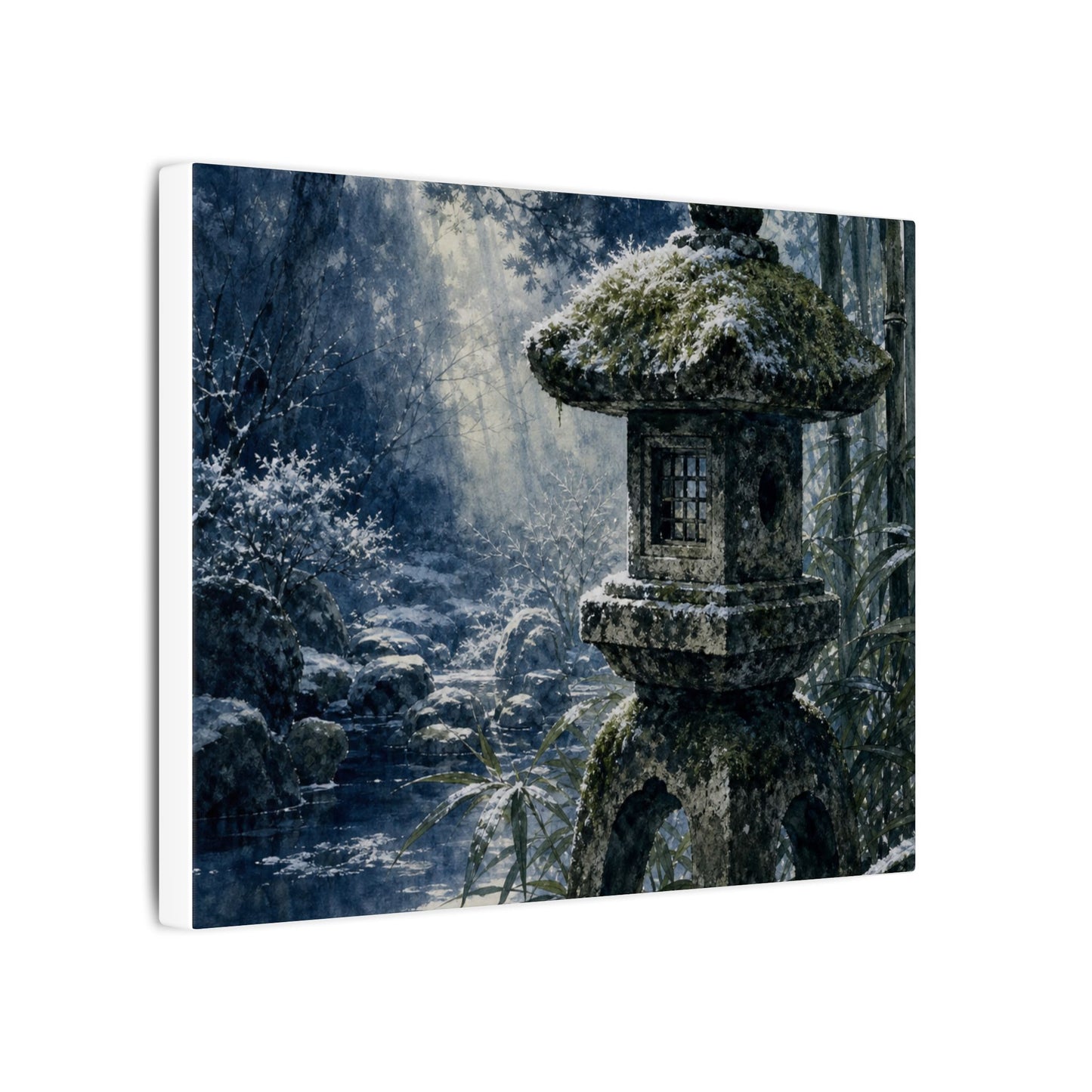 Zen Stone Lantern in Dappled | Sumi E Canvas Art