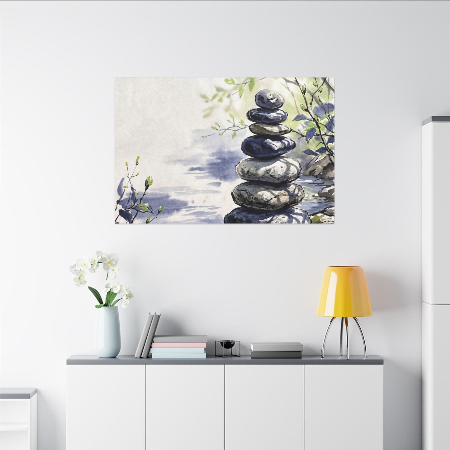 River Stones Sumi E Canvas Art | Serene Zen Art