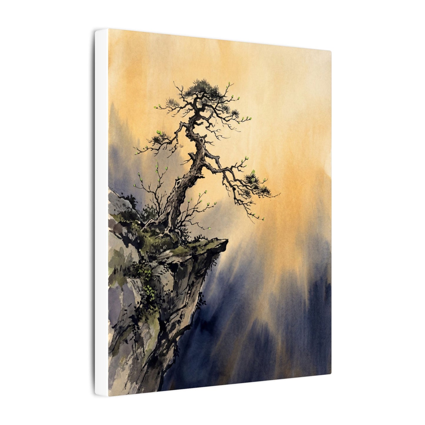 Zen Pine Tree in Golden Hour | Sumi E Canvas Art