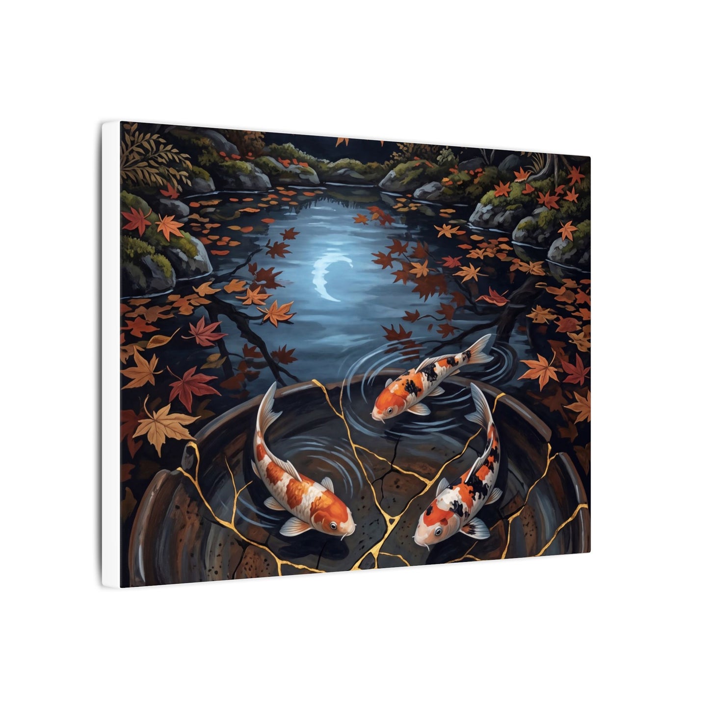 Koi Pond Canvas Art | Autumn Kintsugi Gold Repair Art