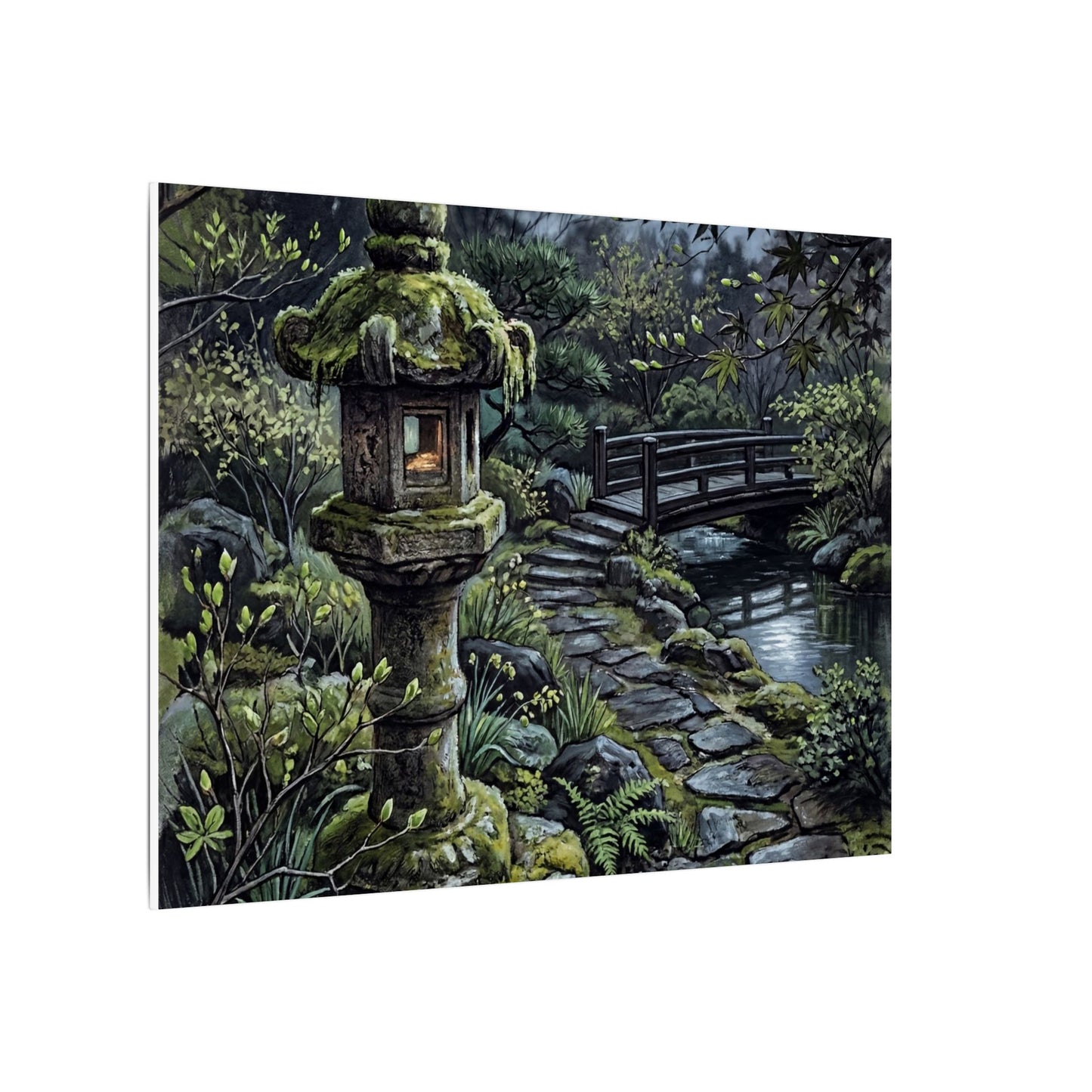 Japandi Stone Lantern in Moonlight | Texture Canvas Art