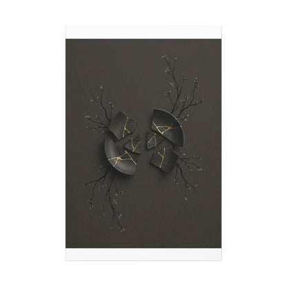 Sophisticated Broken Pottery Canvas Art - Charcoal Ink Dark Japandi