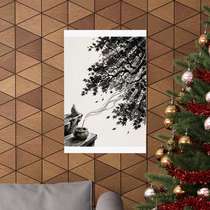Contemplative Incense Smoke Wall Art Print - Ukiyo E Inspired Zen