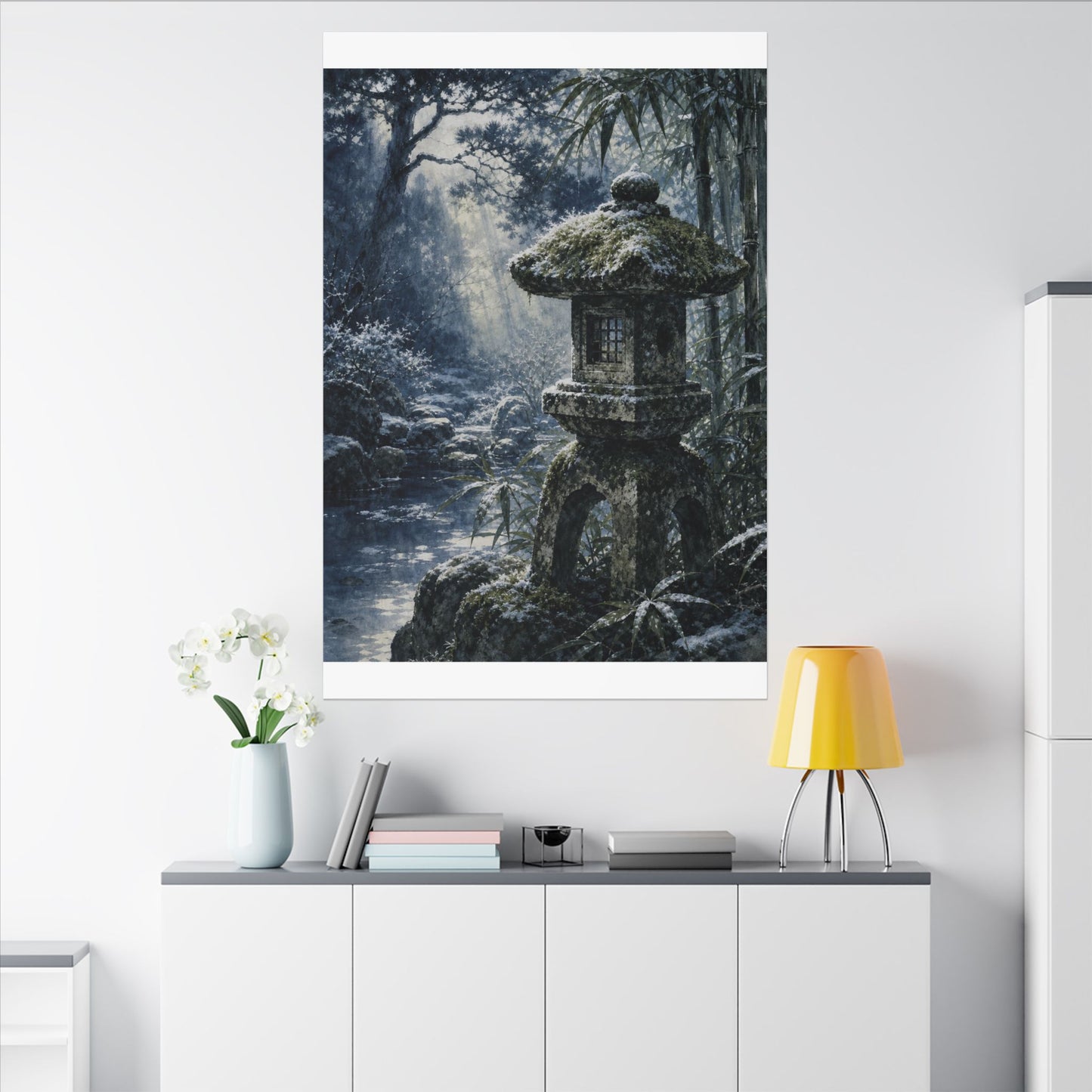 Zen Stone Lantern in Dappled | Sumi E Canvas Art