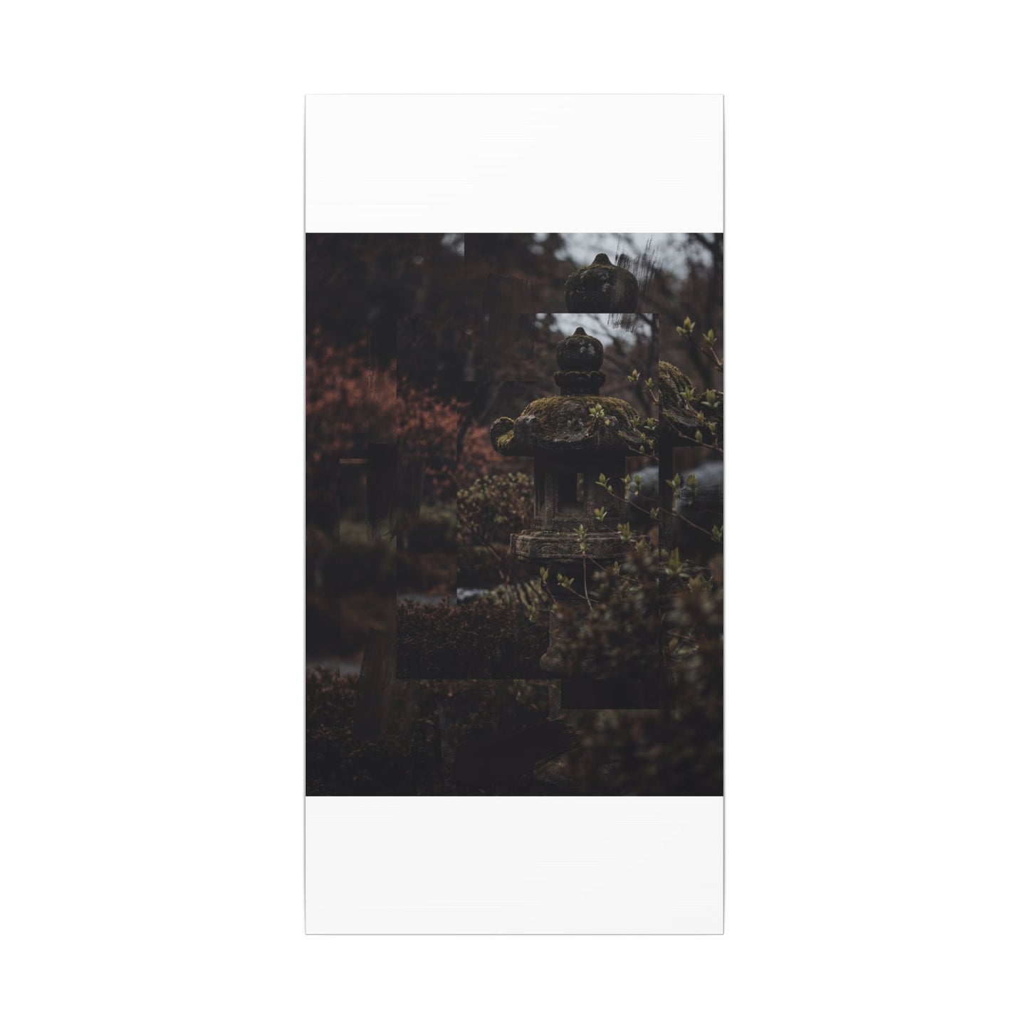 Stone Lantern Spring Canvas Art | Dark Japandi Bold Design