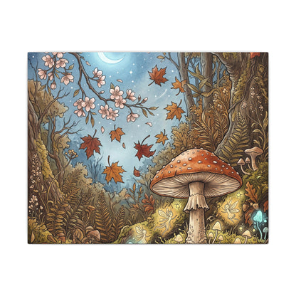 Autumn Cherry Blossom Mushroom Illustration Canvas Art | Enchanting Decor