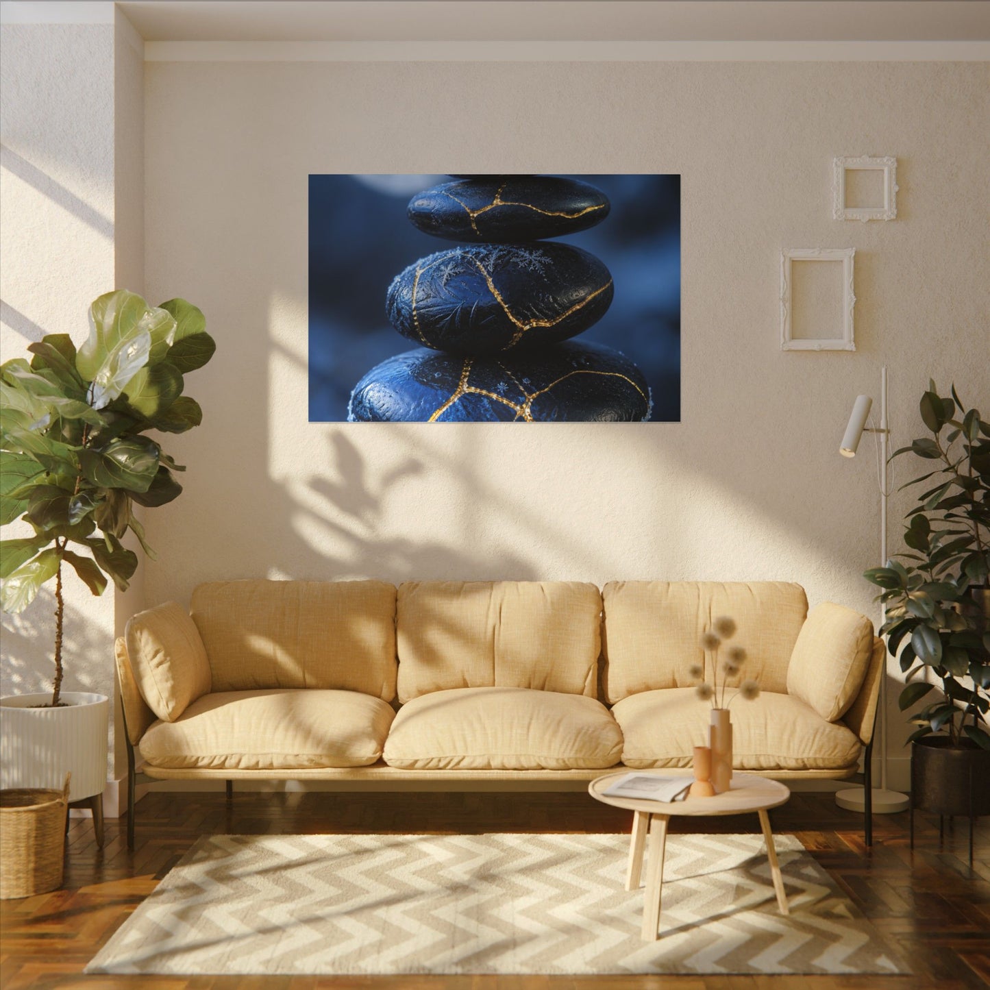 River Stones Canvas Art | Winter Kintsugi Gold Repair Art