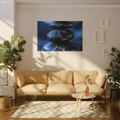 River Stones Canvas Art | Winter Kintsugi Gold Repair Art