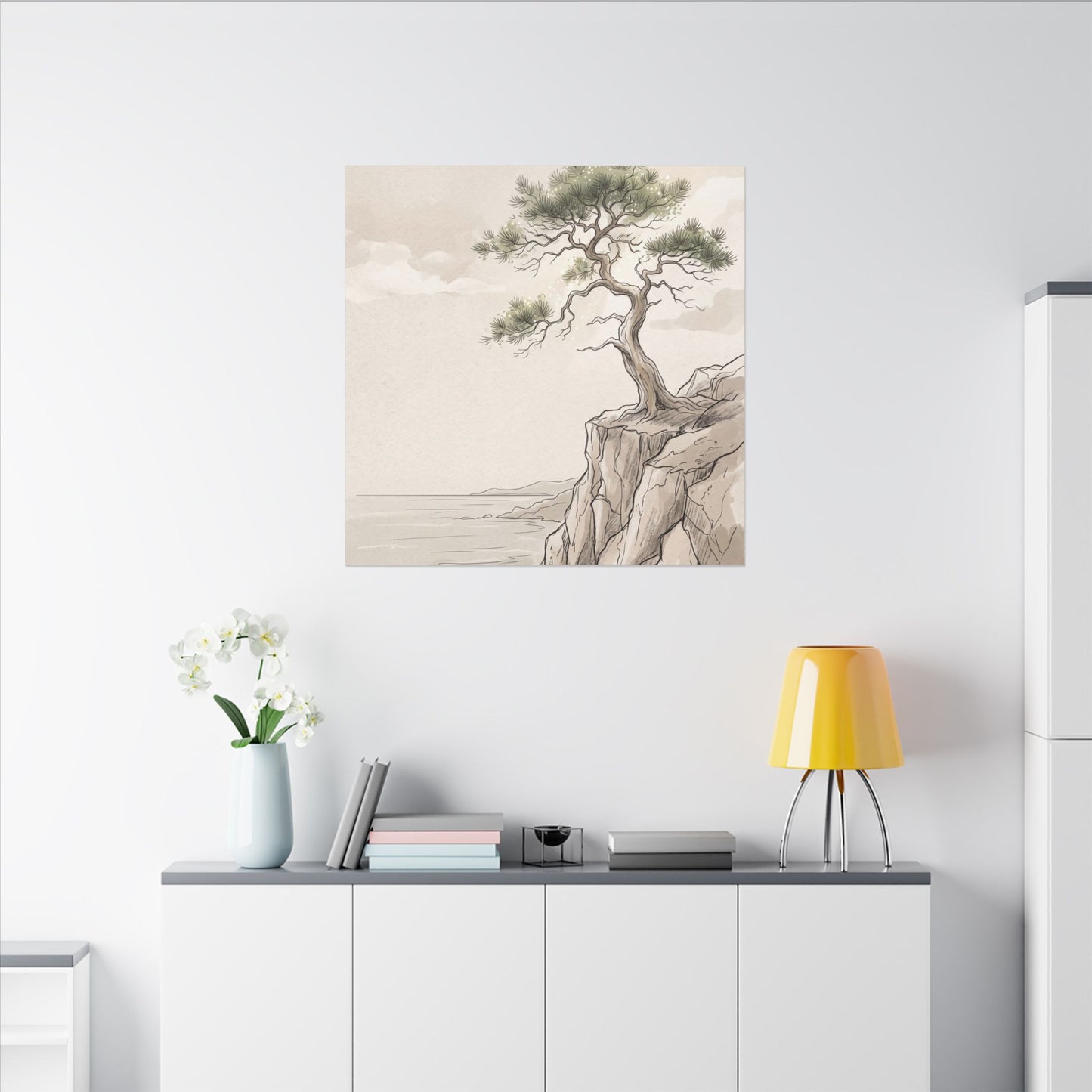 Japandi Pine Tree in Dappled | Minimal Line Canvas Art