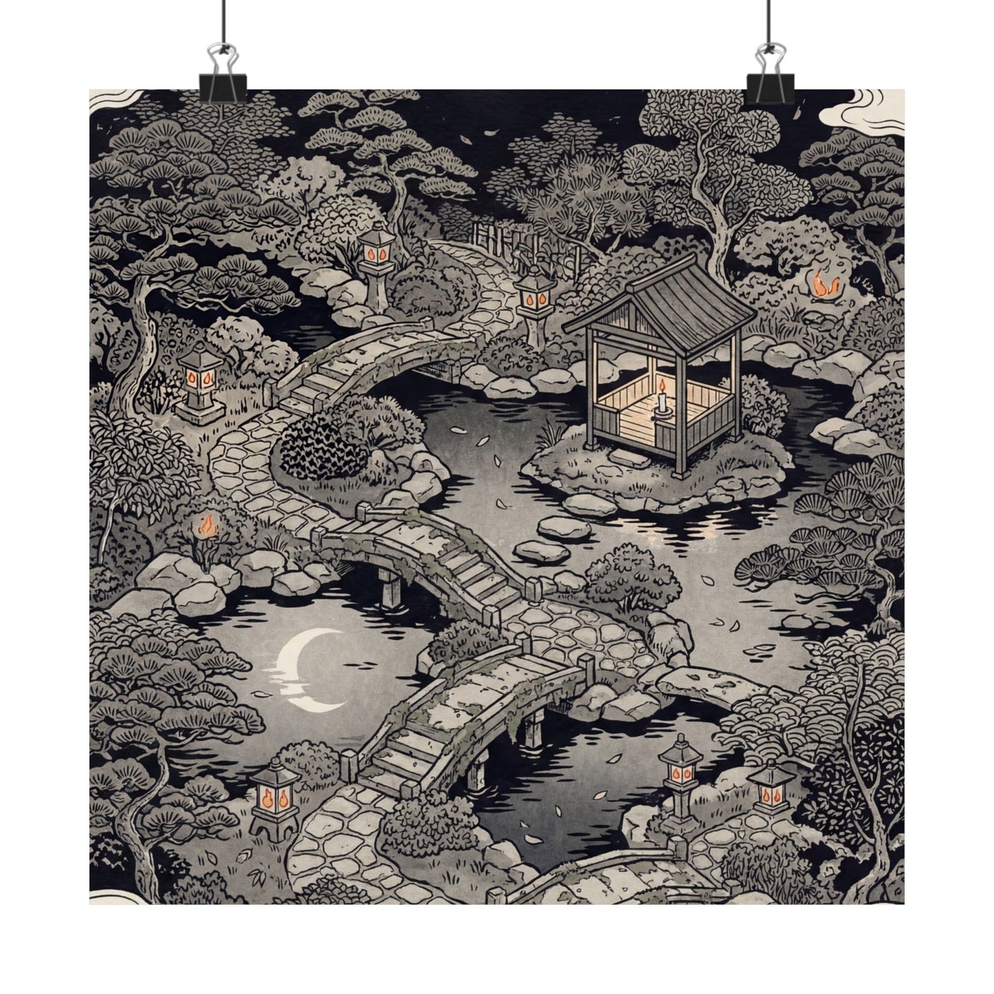 Summer Moonlit Garden Ukiyo E Inspired Wall Art Print | Serene Decor Art Print