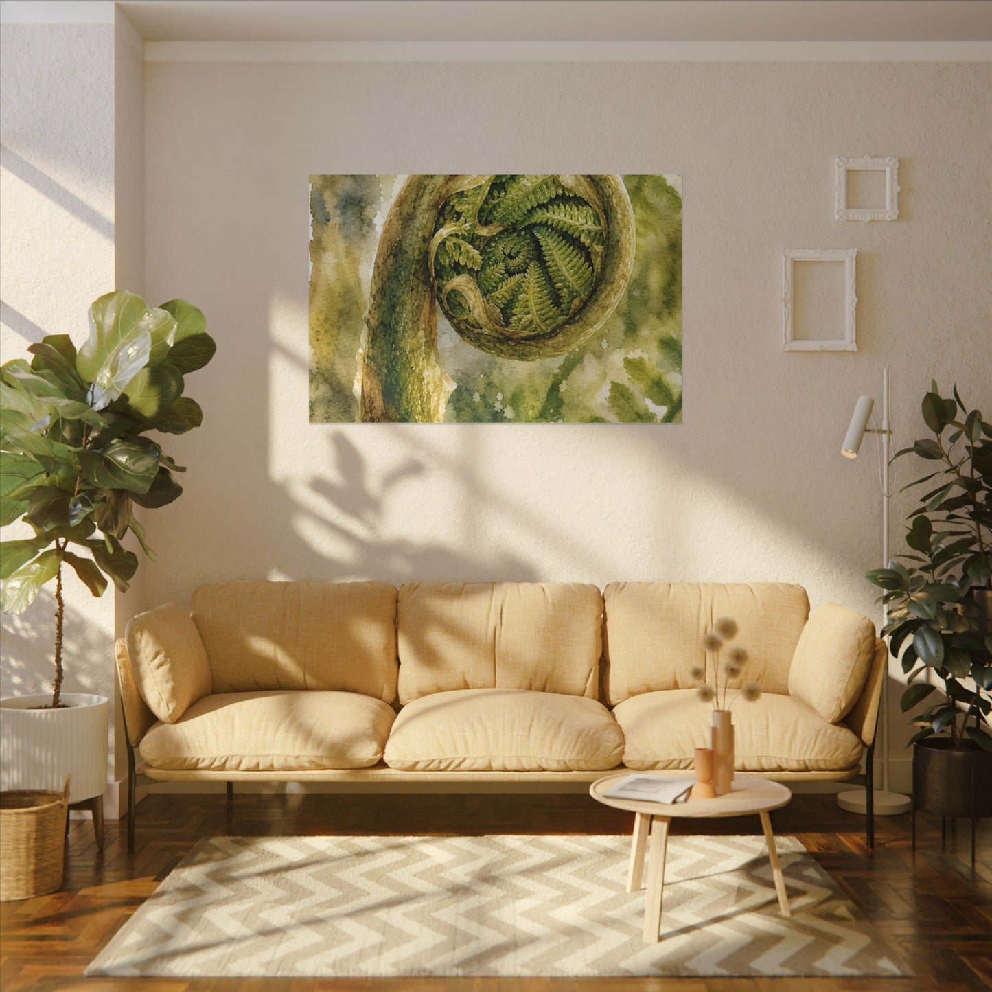 Japandi Fern Unfurling in Dappled | Watercolor Canvas Art