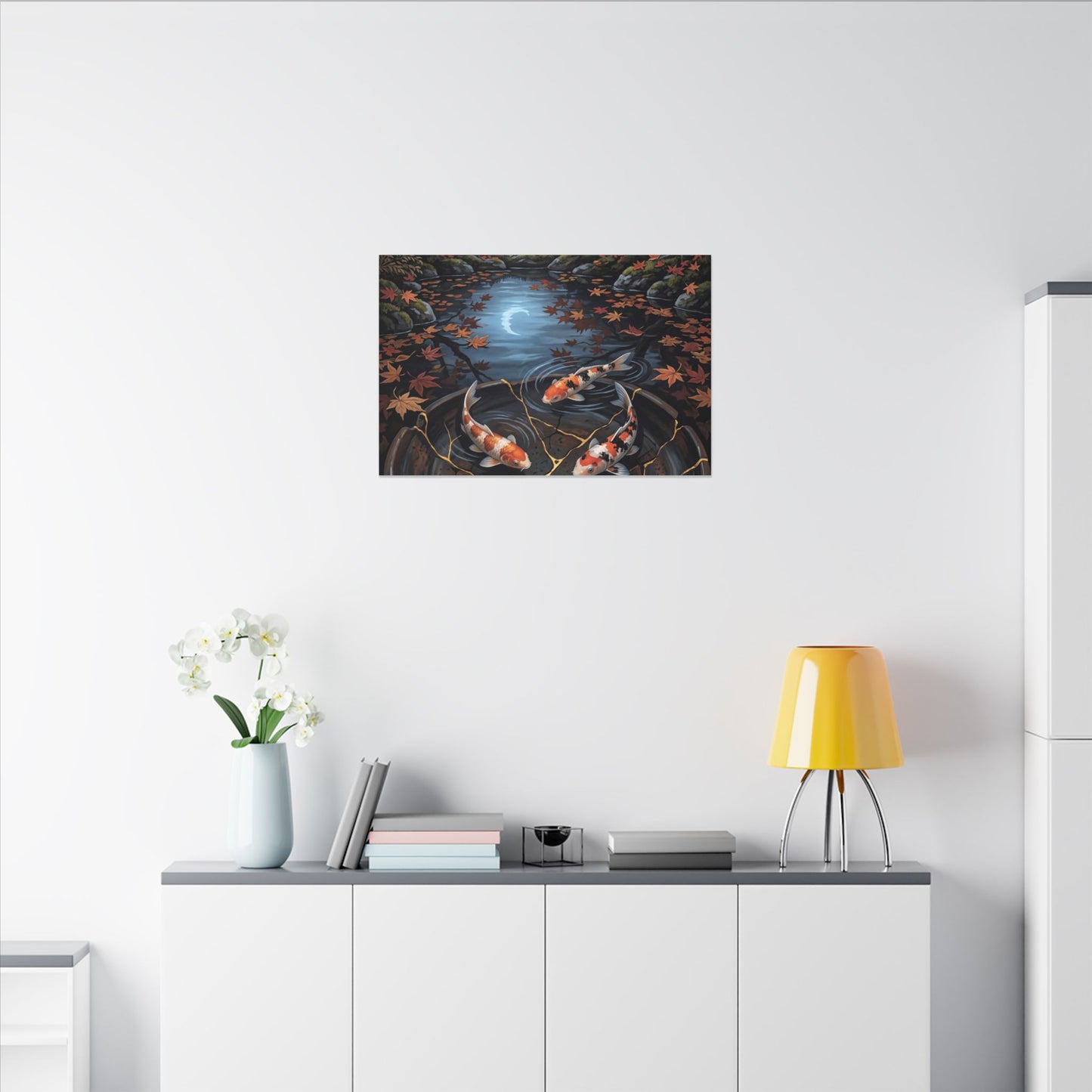 Koi Pond Canvas Art | Autumn Kintsugi Gold Repair Art