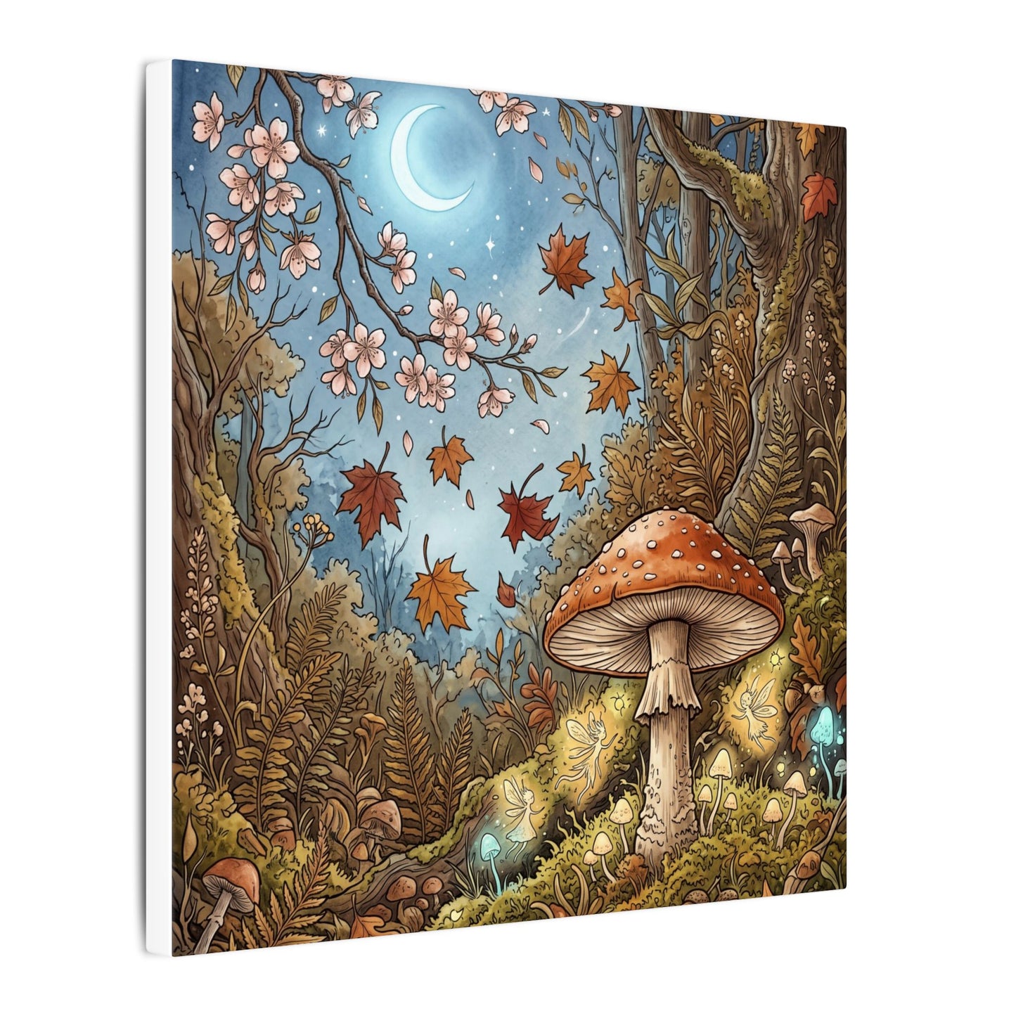 Autumn Cherry Blossom Mushroom Illustration Canvas Art | Enchanting Decor