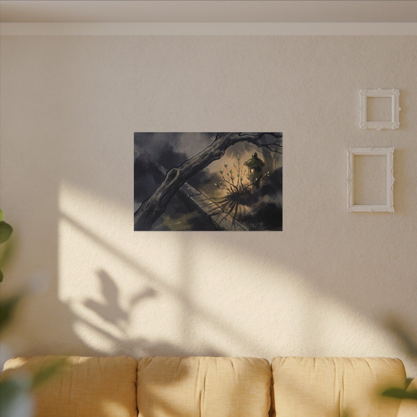 Dark Japandi Moonlit Garden in Golden Hour | Charcoal Ink Canvas Art