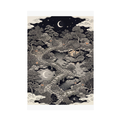 Summer Moonlit Garden Ukiyo E Inspired Wall Art Print | Serene Decor