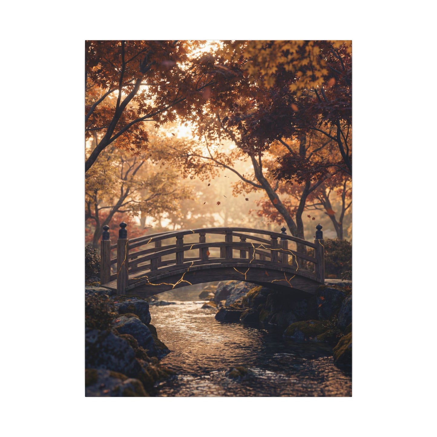 Autumn Wooden Bridge Gold Vein Canvas Art | Resilient Decor
