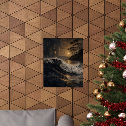 Dark Japandi Ocean Wave in Golden Hour | Dark Texture Wall Art Print