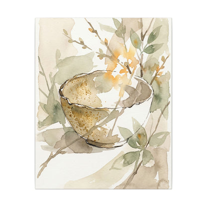 Spring Ceramic Bowl Watercolor Canvas Art | Neutral Decor