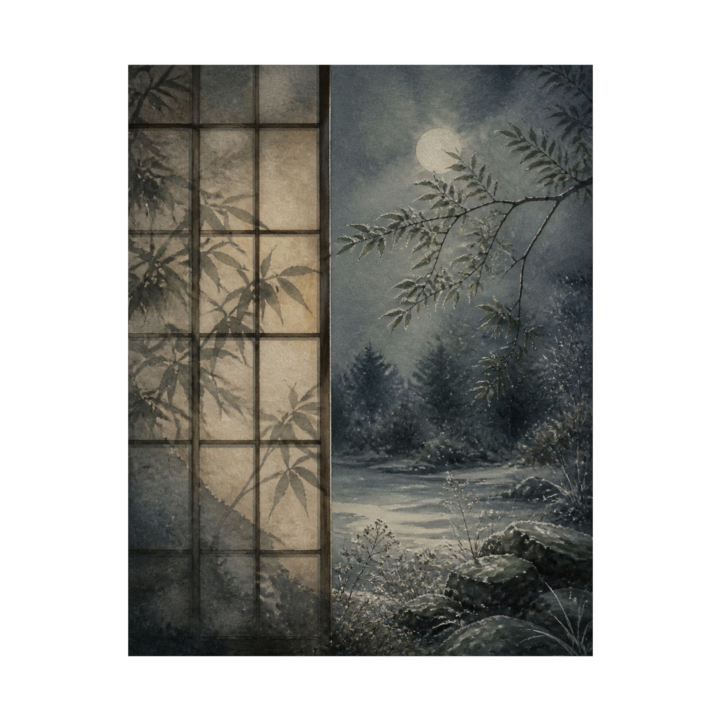 Winter Shoji Screen Watercolor Wall Art Print | Elegant Decor