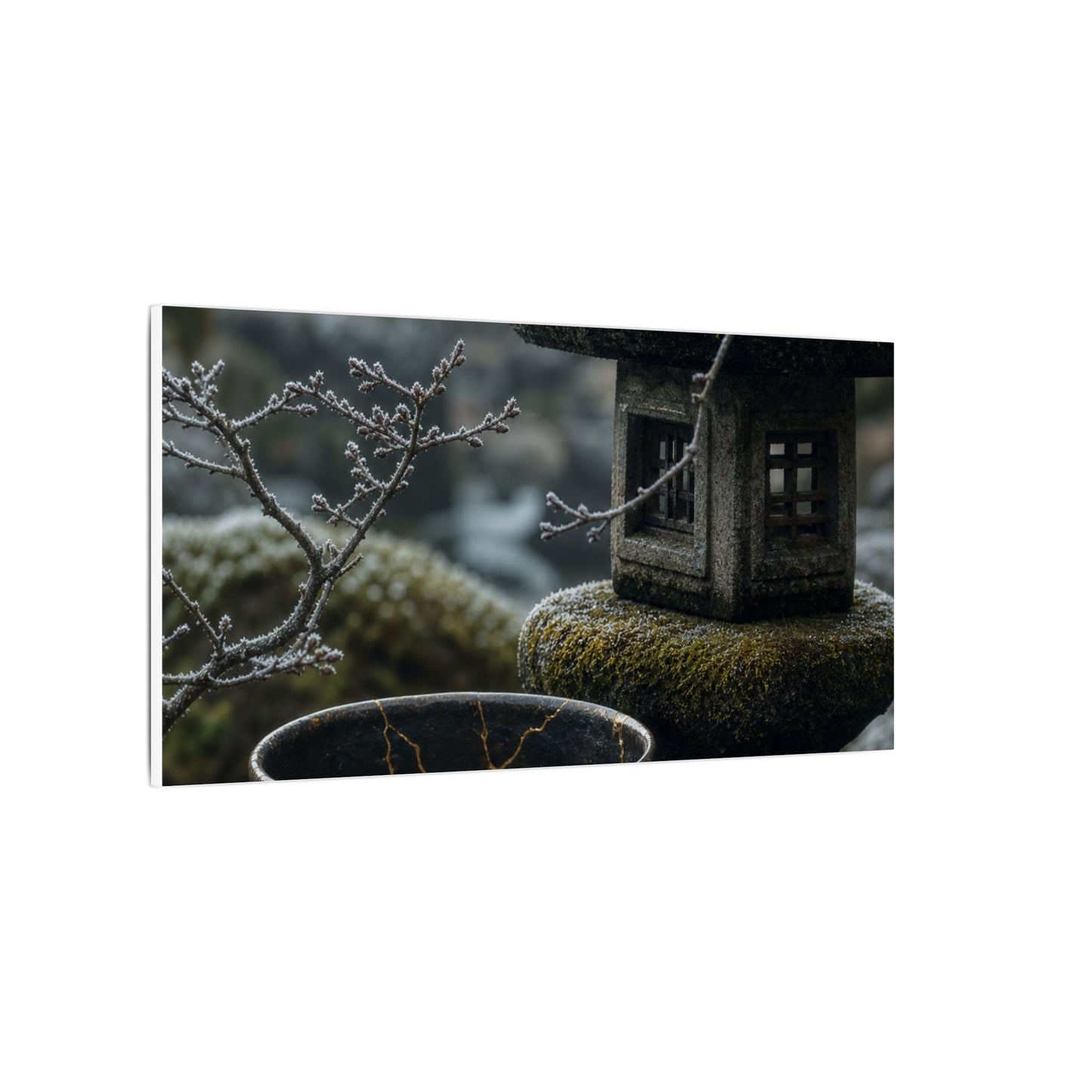 Stone Lantern Canvas Art | Winter Kintsugi Gold Repair Art